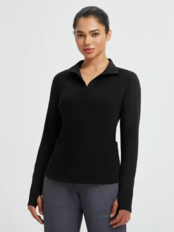 Yoga Fleece Lined Half Placket Long Sleeve T-Shirt